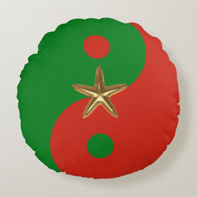 Rood en Groen Yin Yang met Gouden Ster Rond Kussen (Voorkant)