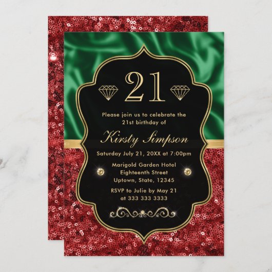 Rood- en groene feestdag Shimmer Birthday Kaart (Voorkant / Achterkant)