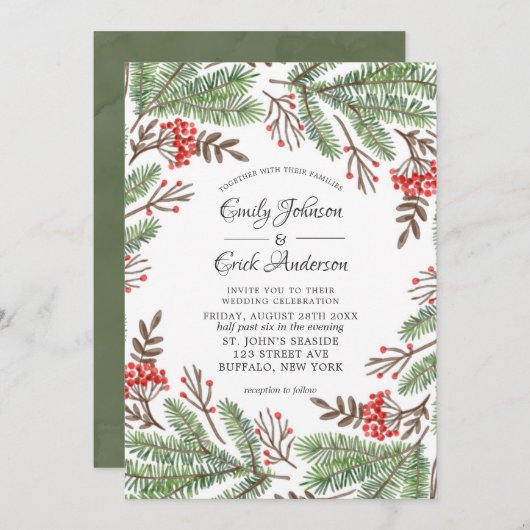 Rood- en groene naalden Berry-kerstbruiloft Kaart (Voorkant / Achterkant)