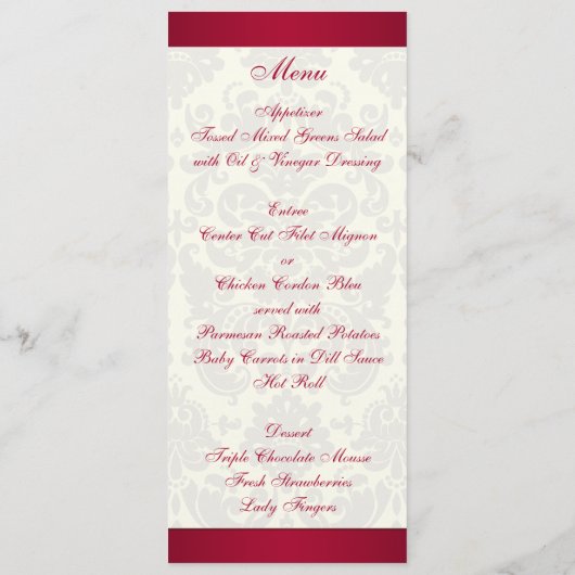 Rood en Ivoor Damask Bruiloft Menu Kaart (Achterkant)