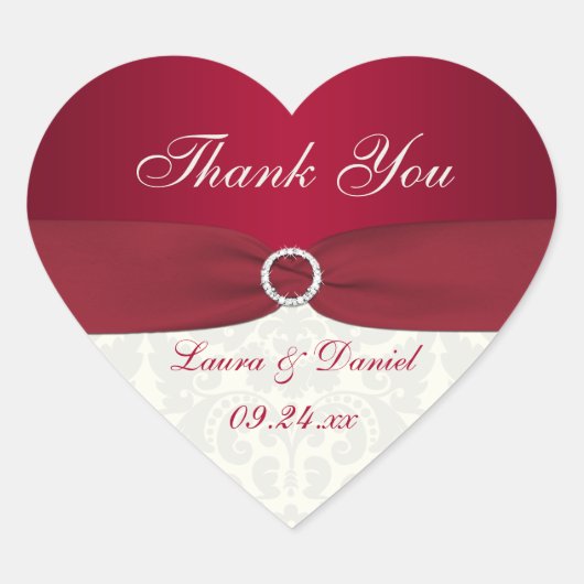 Rood en Ivoor Damask Hartvormige Bruiloft Sticker (Voorkant)