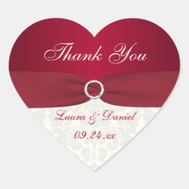 Rood en Ivoor Damask Hartvormige Bruiloft Sticker