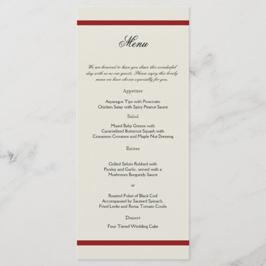 Rood en Ivoor Filigraan Vintage Bruiloft Menu (Voorkant)