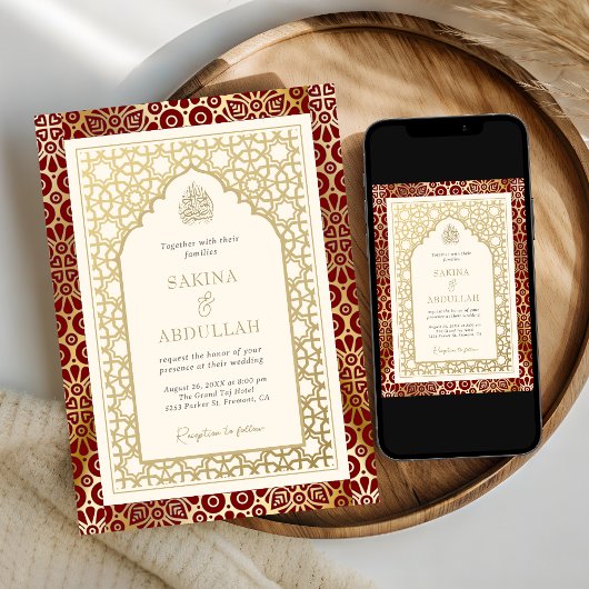 Rood en Ivoor Islamitische Boog Moslim Bruiloft Kaart