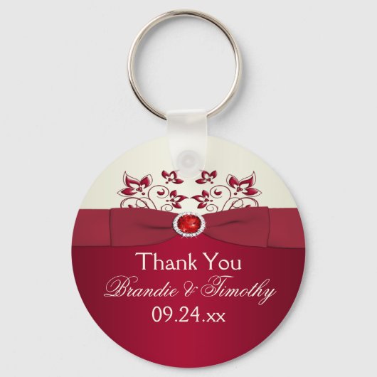 Rood en Ivory Floral Wedding Favor Sleutelhanger (Voorkant)