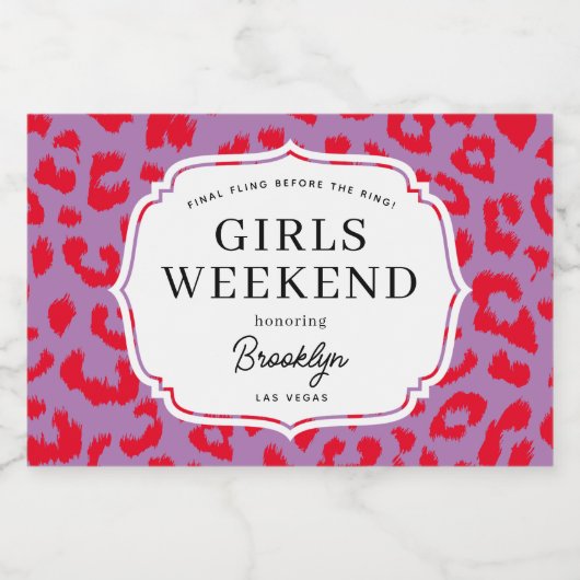 Rood en Lila Leopard Dierenprint Meisjes Weekend Sparkling Wijnetiket (Enkel label)