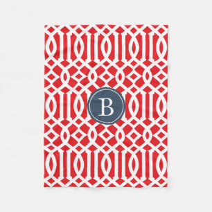 Rood en Marine Blauw Trellis Patroon Monogram Fleece Deken