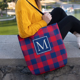Rood en marineblauw Buffalo geruit gemerkt Tote Bag