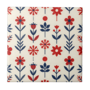 Rood en marineblauw volkse bloempatroon tegeltje
