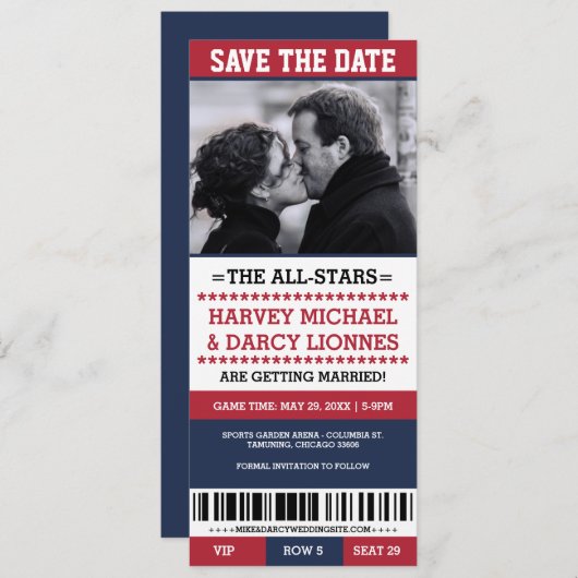 Rood- en marinesportticket Bewaar datum Save The Date (Voorkant / Achterkant)