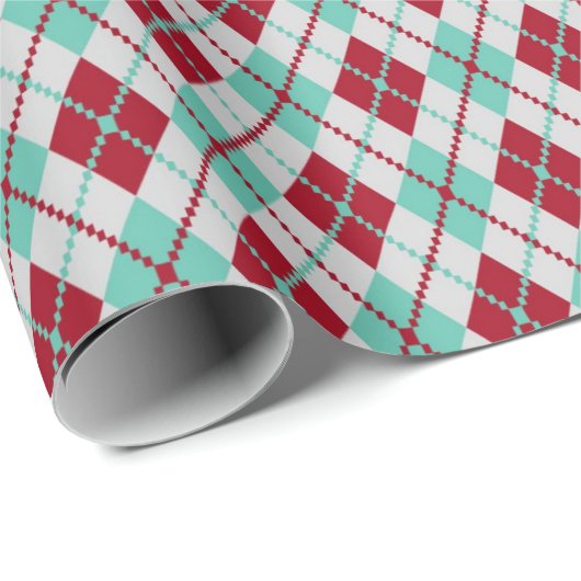 Rood en Mint Green Argyle-kerstpatroon Cadeaupapier (Rol Hoek)
