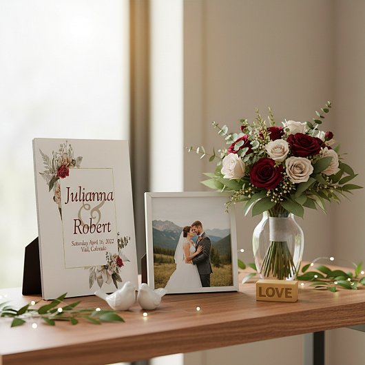 Rood en mist waterverf florale bruiloft fotoplaat