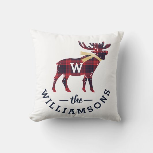 Rood- en Navy Buffalo Pset Moose Monogram Kerstmis Kussen (Voorkant)