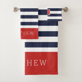 Rood en Navy Stripes Monogram Bad Handdoek