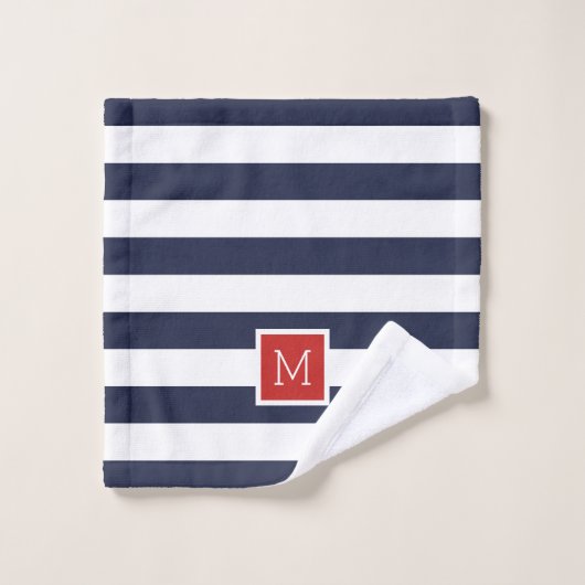 Rood en Navy Stripes Monogram Bad Handdoek (Wasdoekje)