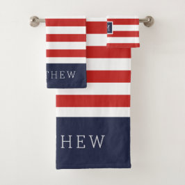 Rood en Navy Stripes Monogram Bad Handdoek