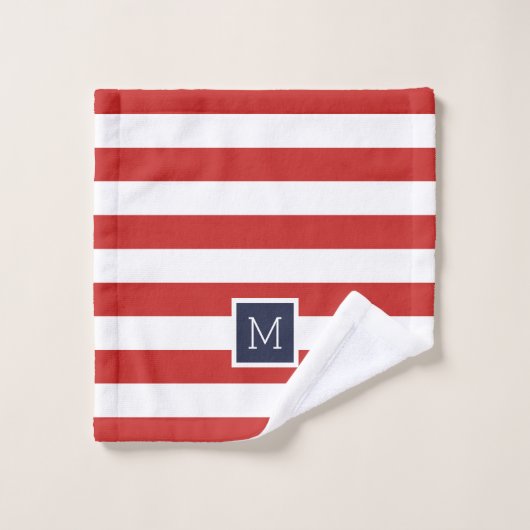Rood en Navy Stripes Monogram Bad Handdoek (Wasdoekje)