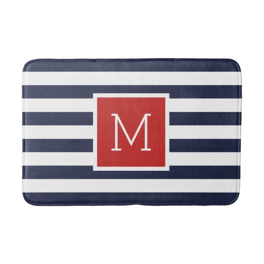 Rood en Navy Stripes Monogram Badmat (Voorkant)