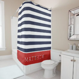 Rood en Navy Stripes Monogram Douchegordijn