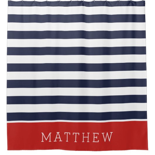 Rood en Navy Stripes Monogram Douchegordijn (Voorkant)