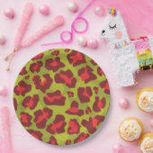 Rood- en olijfgroen luipspatroon papieren bordje (Feest)