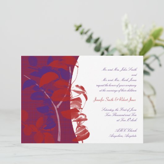 Rood en Paarse Blad Ontwerp Bruiloft Uitnodiging (Staand voorkant)