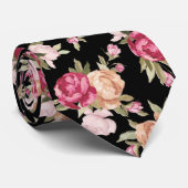 Rood en perzikkleurige bloemen op zwarte achtergro stropdas (Opgerold)