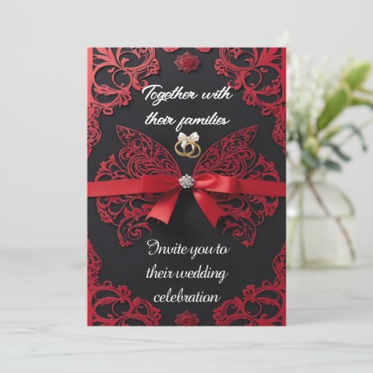 Rood en romantisch elegante huwelijksuitnodiging kaart (Staand voorkant)