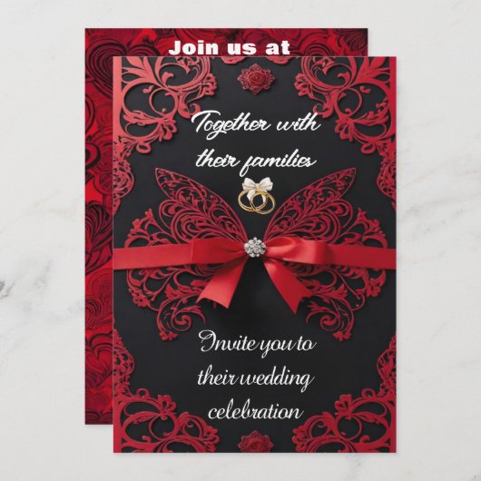 Rood en romantisch elegante huwelijksuitnodiging kaart (Voorkant / Achterkant)