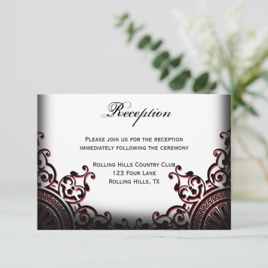 Rood-en-roodgothic Scroll Wedding Reception Kaart (Staand voorkant)