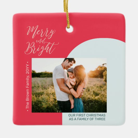 Rood en Roos Gold Moderne kerstfeestfoto's Cera Keramisch Ornament (Voorkant)