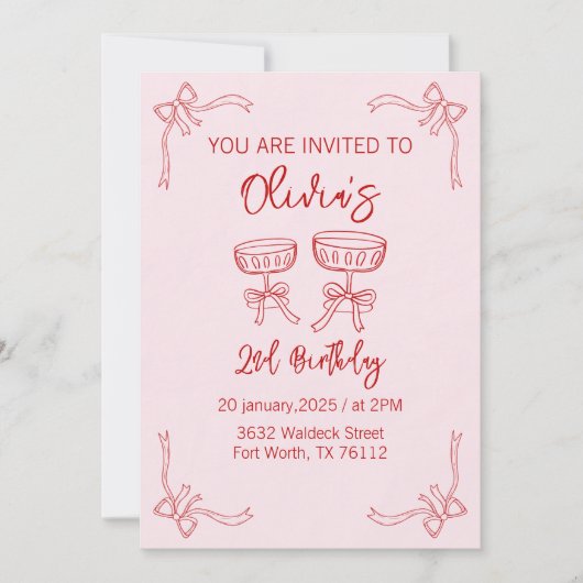 Rood en Roze 2e verjaardag uitnodiging voor meisje (Voorkant)