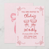 Rood en Roze 2e verjaardag uitnodiging voor meisje (Voorkant / Achterkant)