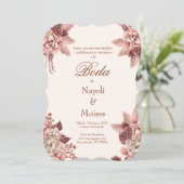 Rood en roze bloem bruiloft uitnodiging spaans (Staand voorkant)