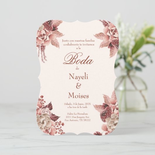 Rood en roze bloem bruiloft uitnodiging spaans (Staand voorkant)