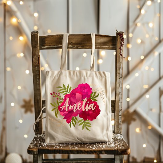 Rood en Roze Bloemen Bruidsmeisje Gepersonaliseerd Tote Bag