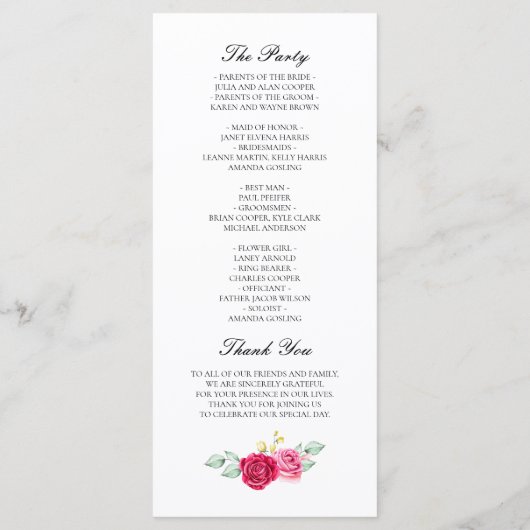 Rood en Roze Bloemen Bruiloft Programmakaart (Achterkant)