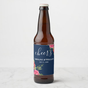Rood en roze bloemen Donkerblauw Bier Etiket