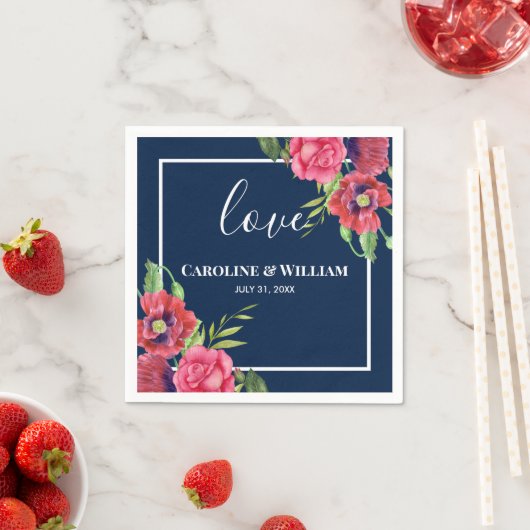 Rood en roze bloemen Donkerblauw Servet (Insitu)