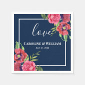Rood en roze bloemen Donkerblauw Servet (Voorkant)