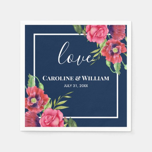 Rood en roze bloemen Donkerblauw Servet (Voorkant)