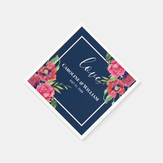 Rood en roze bloemen Donkerblauw Servet (Hoek)