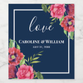 Rood en roze bloemen Donkerblauw Wijn Etiket (Enkel label)