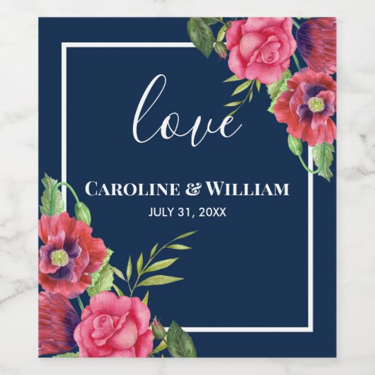 Rood en roze bloemen Donkerblauw Wijn Etiket (Enkel label)