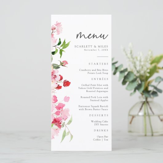 Rood en Roze Bloemen Vrijgezellenfeest Menu (Staand voorkant)