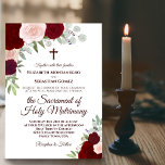 Rood en roze Boho Rozen Modern katholieke bruiloft Kaart<br><div class="desc">Deze mooie trouwuitnodiging is perfect voor een moderne katholieke ceremonie. Het is voorzien van een roestachtig boho-chic-ontwerp met elegant script en met de hand geschilderde waterverf rozen in tinten van wazige roze, diep rood en onbeschoft. Omvat een kruis of kruisbeeld, en de formulering die uw gasten uitnodigt om een nationale...</div>