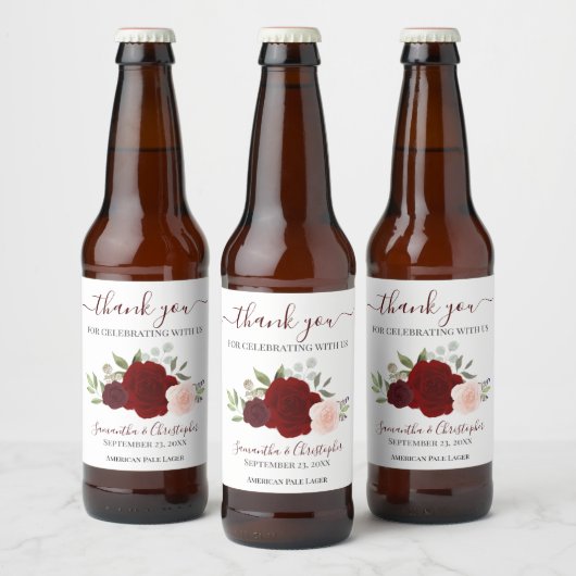 Rood en roze Elegant Boho Rozen Weddenschap Bedank Bier Etiket (Flessen)