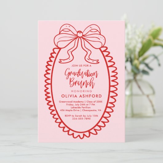 Rood en Roze Elegant Brunch afstuderen Kaart (Staand voorkant)