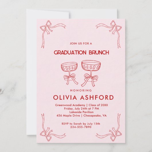 Rood en Roze Elegant Brunch afstuderen Kaart (Voorkant)