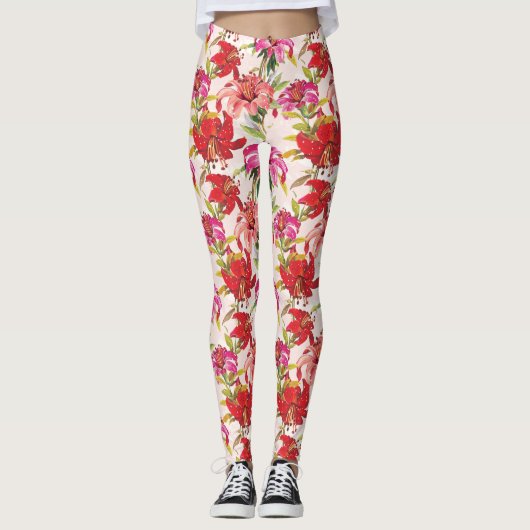 Rood en Roze Floral Hibiscus Leggings (Voorkant)